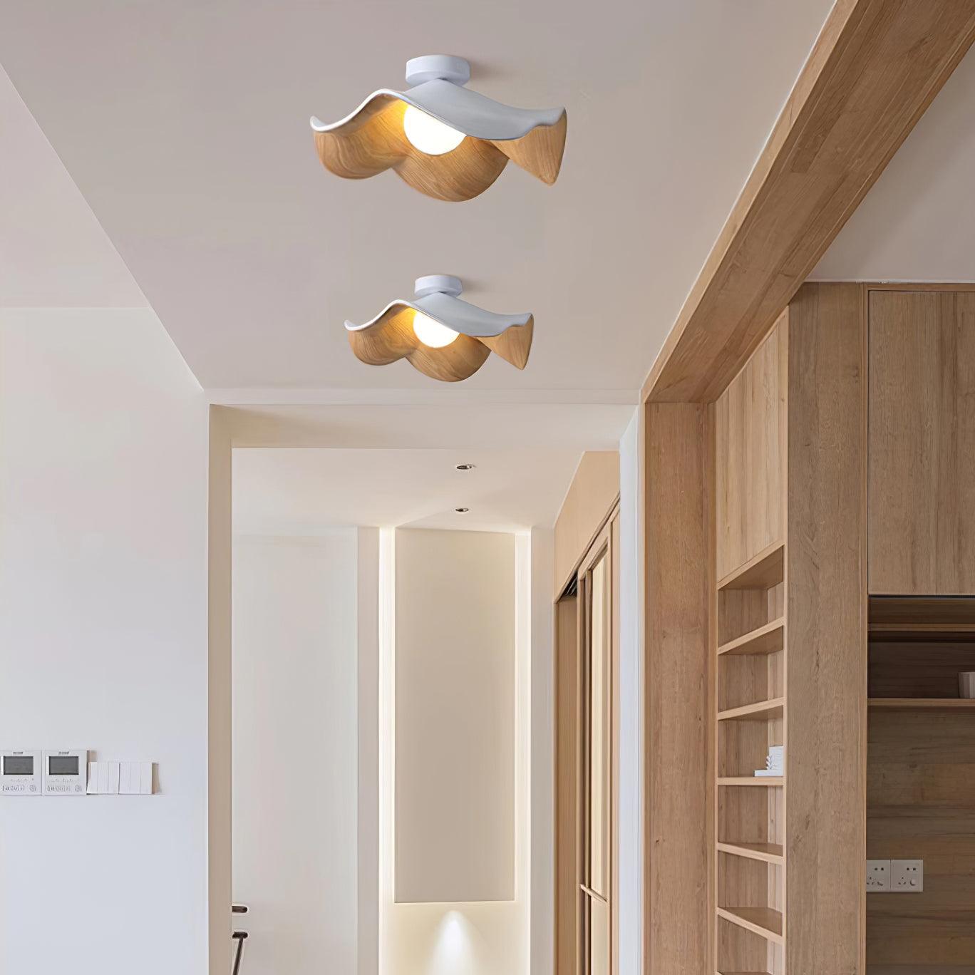 Belenor Ceiling Lamp Lotus Leaf with Wood and White Finish