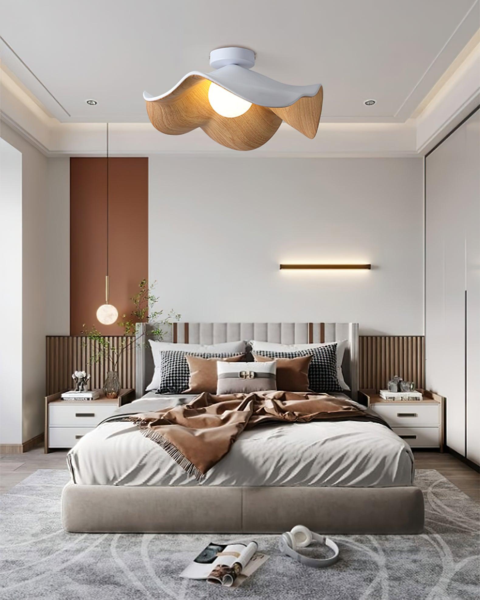 Belenor Ceiling Lamp Lotus Leaf with Wood and White Finish