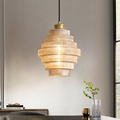 Brivelle Plug-In Ribbed Glass Pendant Light with Brass Accent - Neutral Decor