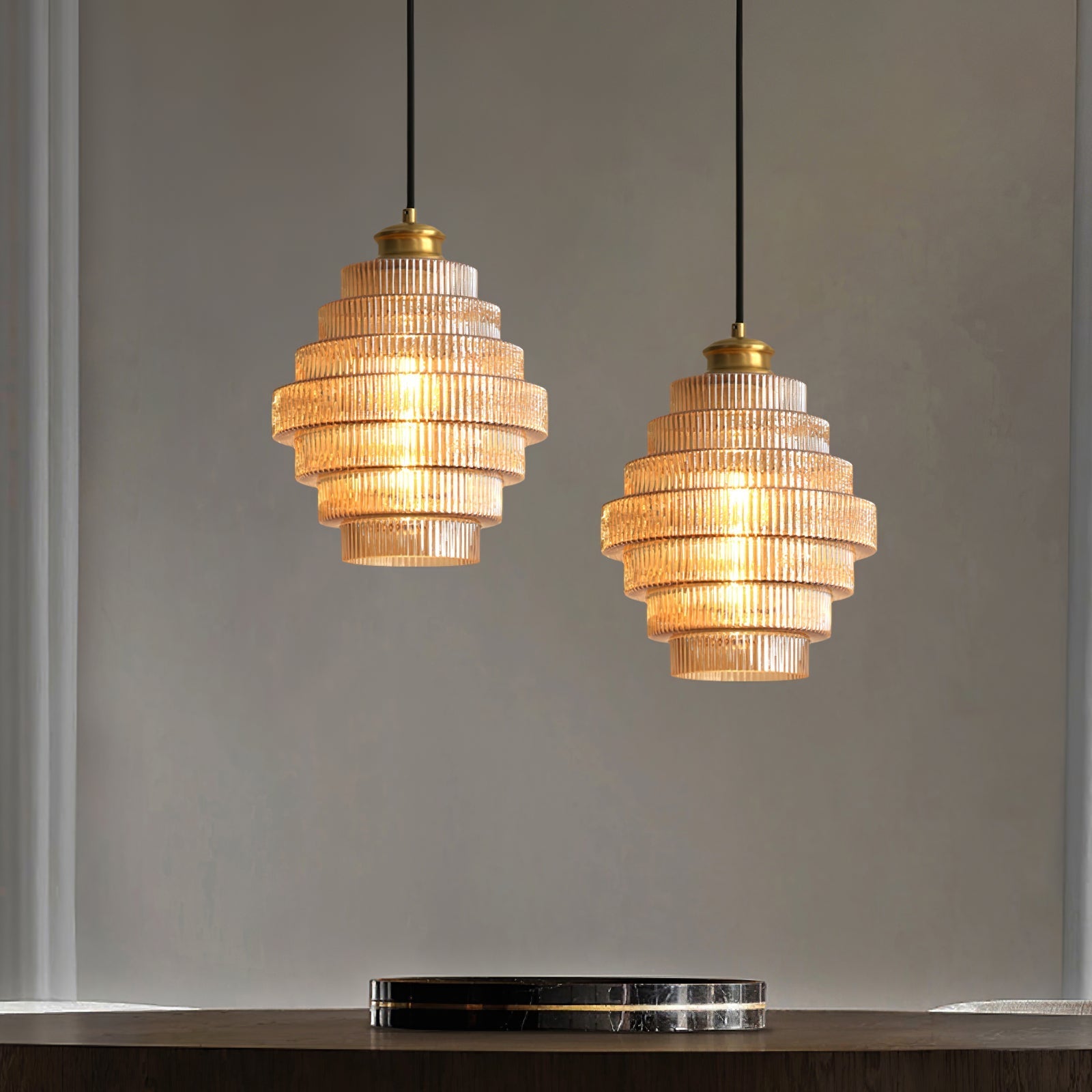 Brivelle Plug-In Ribbed Glass Pendant Light with Brass Accent - Neutral Decor