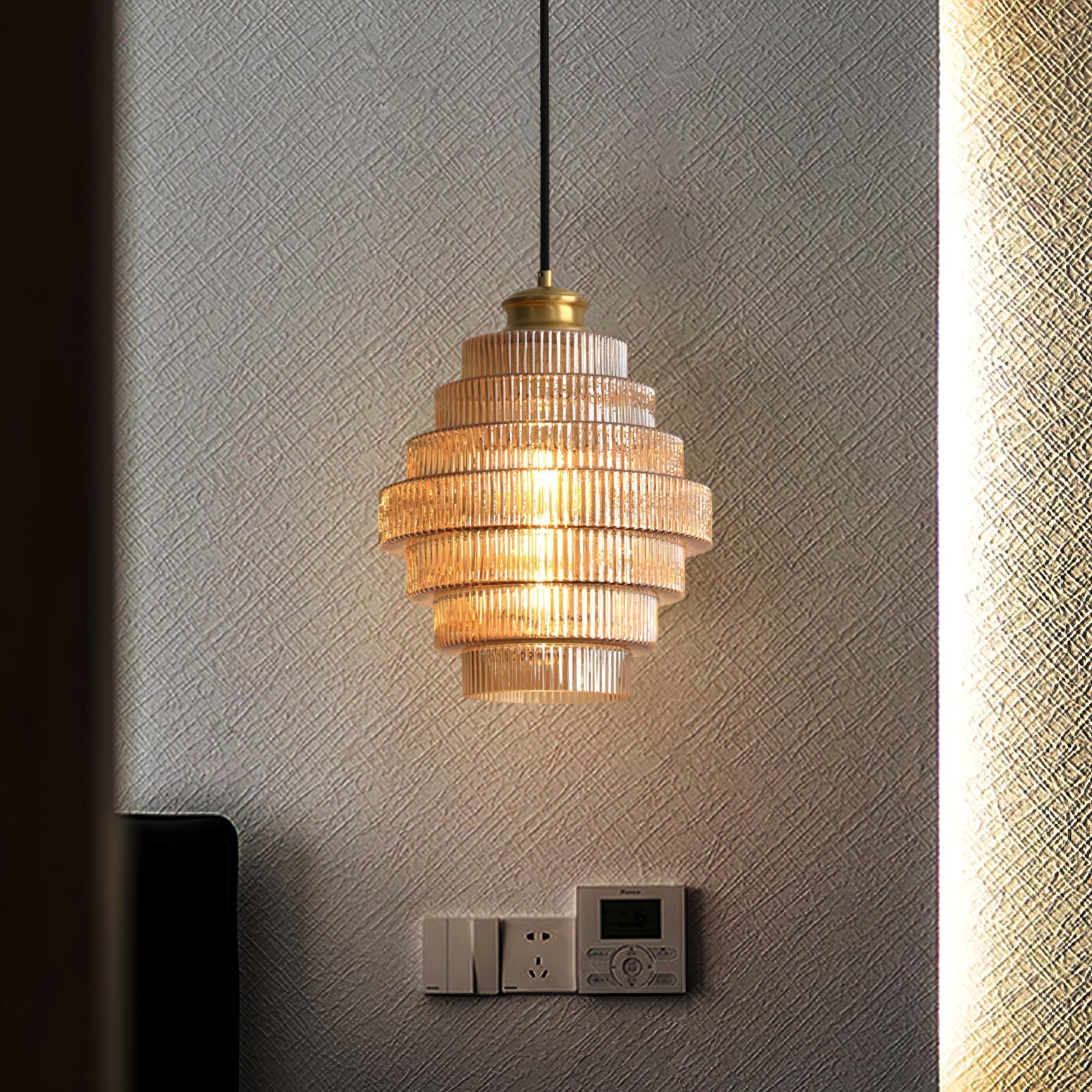 Brivelle Plug-In Ribbed Glass Pendant Light with Brass Accent - Neutral Decor