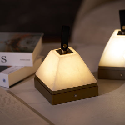Pyramidale Alabaster Table Lamp with Leather Handle