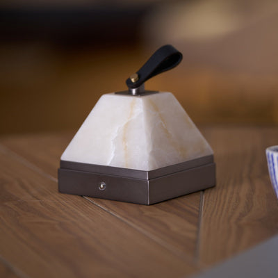 Pyramidale Alabaster Table Lamp with Leather Handle