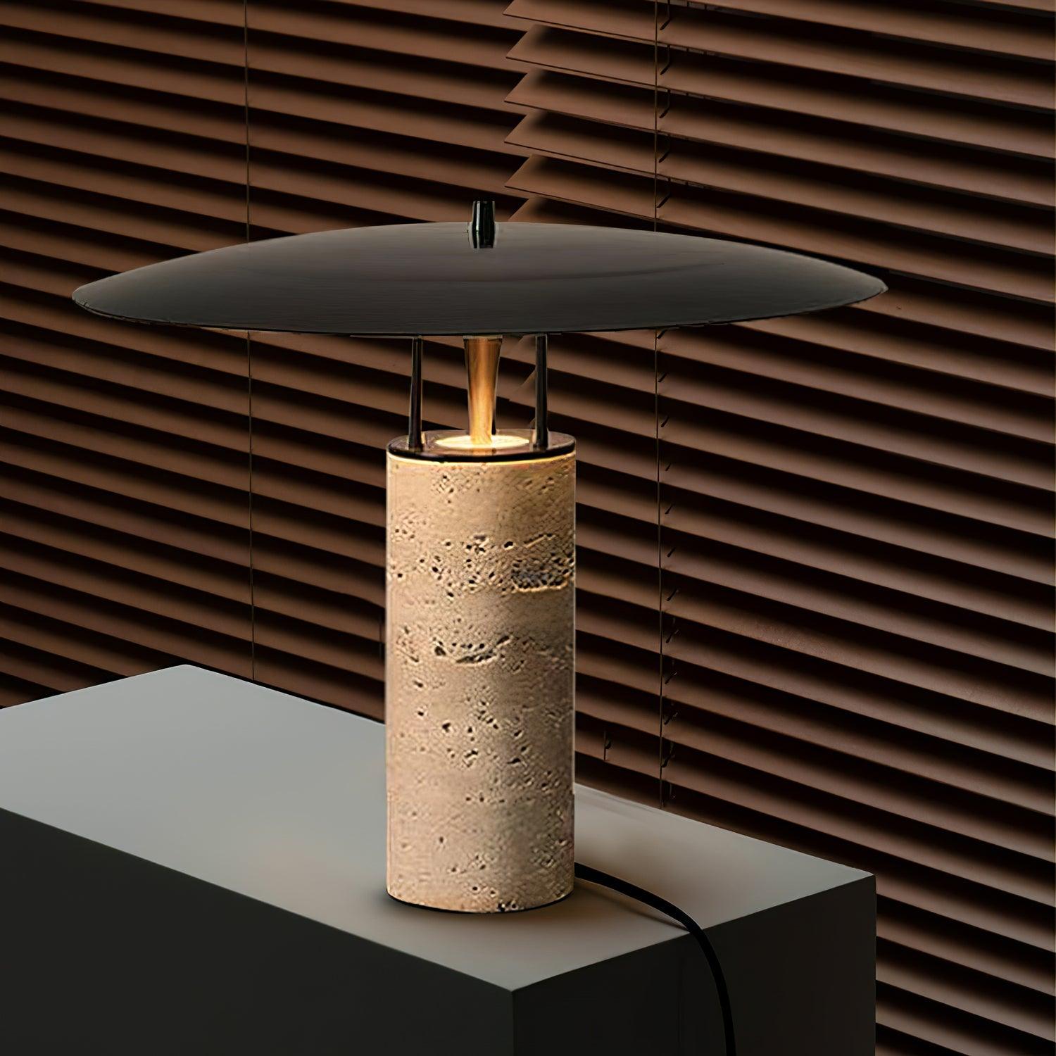 Eara Disc-Pillar Travertine Table Lamp