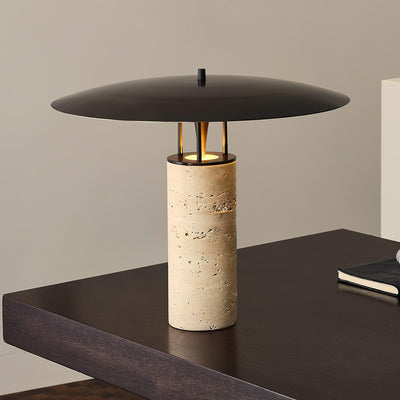 Eara Disc-Pillar Travertine Table Lamp