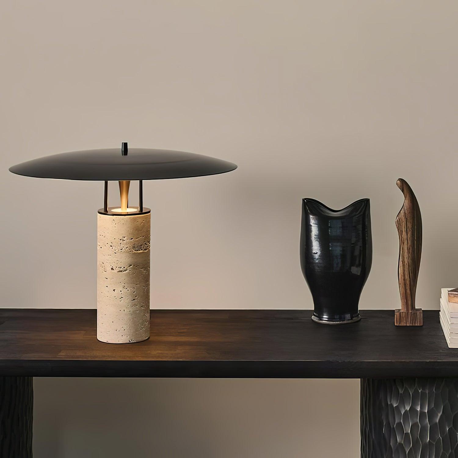 Eara Disc-Pillar Travertine Table Lamp