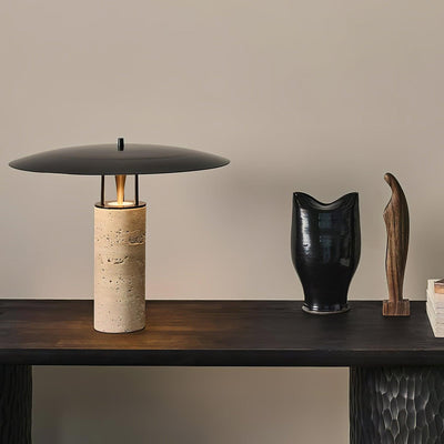 Eara Disc-Pillar Travertine Table Lamp