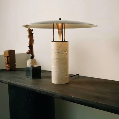Eara Disc-Pillar Travertine Table Lamp