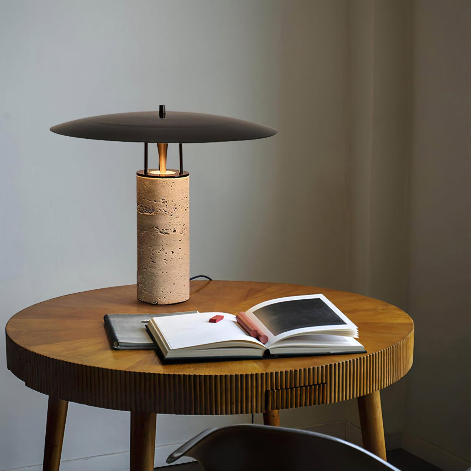 Eara Disc-Pillar Travertine Table Lamp