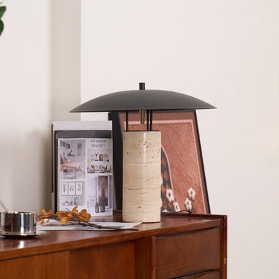 Eara Disc-Pillar Travertine Table Lamp