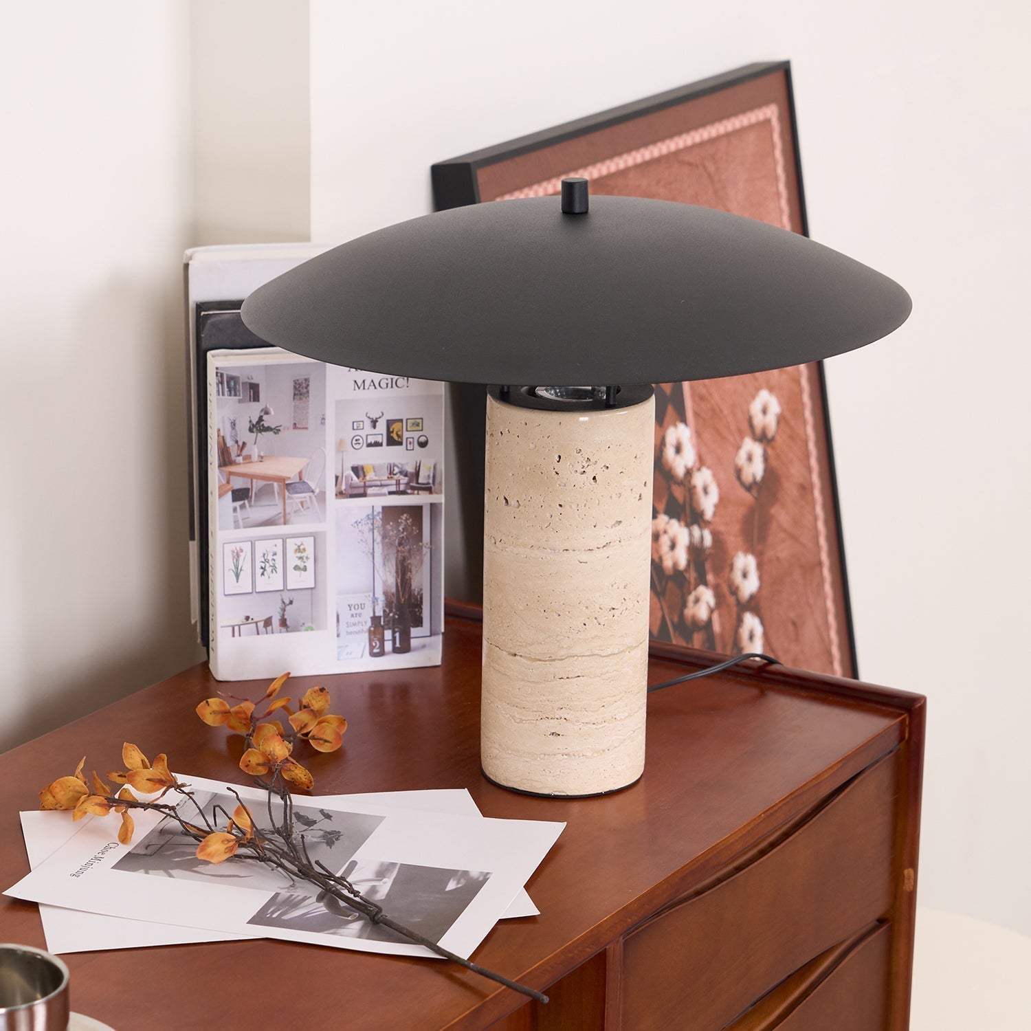 Eara Disc-Pillar Travertine Table Lamp