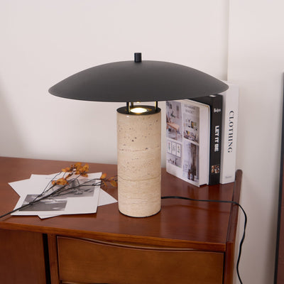 Eara Disc-Pillar Travertine Table Lamp