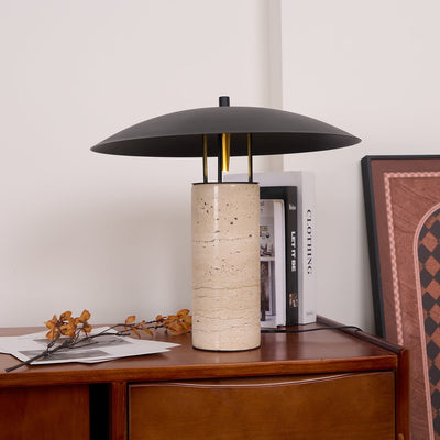 Eara Disc-Pillar Travertine Table Lamp