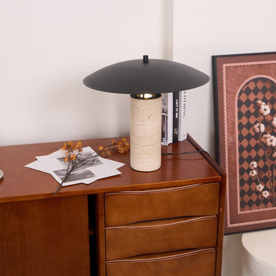 Eara Disc-Pillar Travertine Table Lamp