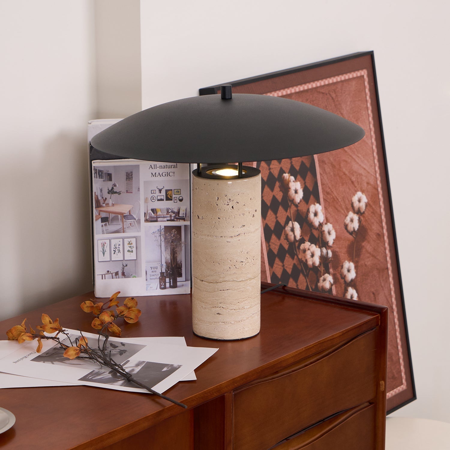 Eara Disc-Pillar Travertine Table Lamp