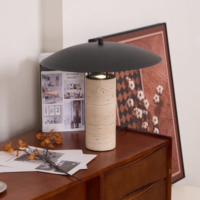 Eara Disc-Pillar Travertine Table Lamp