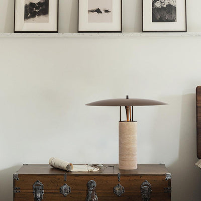 Eara Disc-Pillar Travertine Table Lamp