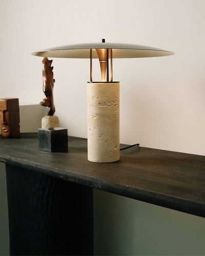 Eara Disc-Pillar Travertine Table Lamp
