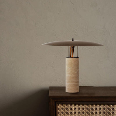 Eara Disc-Pillar Travertine Table Lamp
