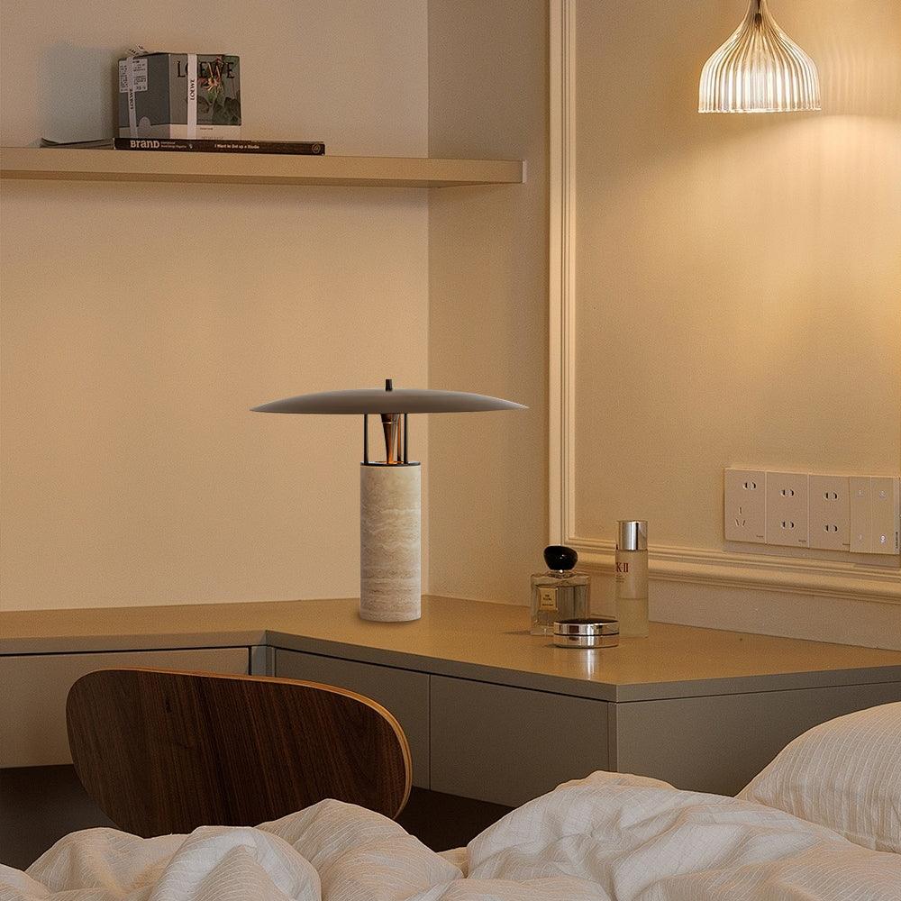 Eara Disc-Pillar Travertine Table Lamp
