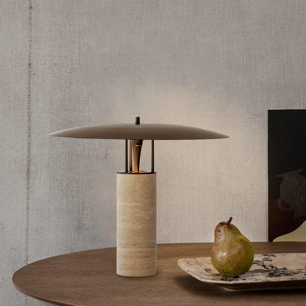 Eara Disc-Pillar Travertine Table Lamp