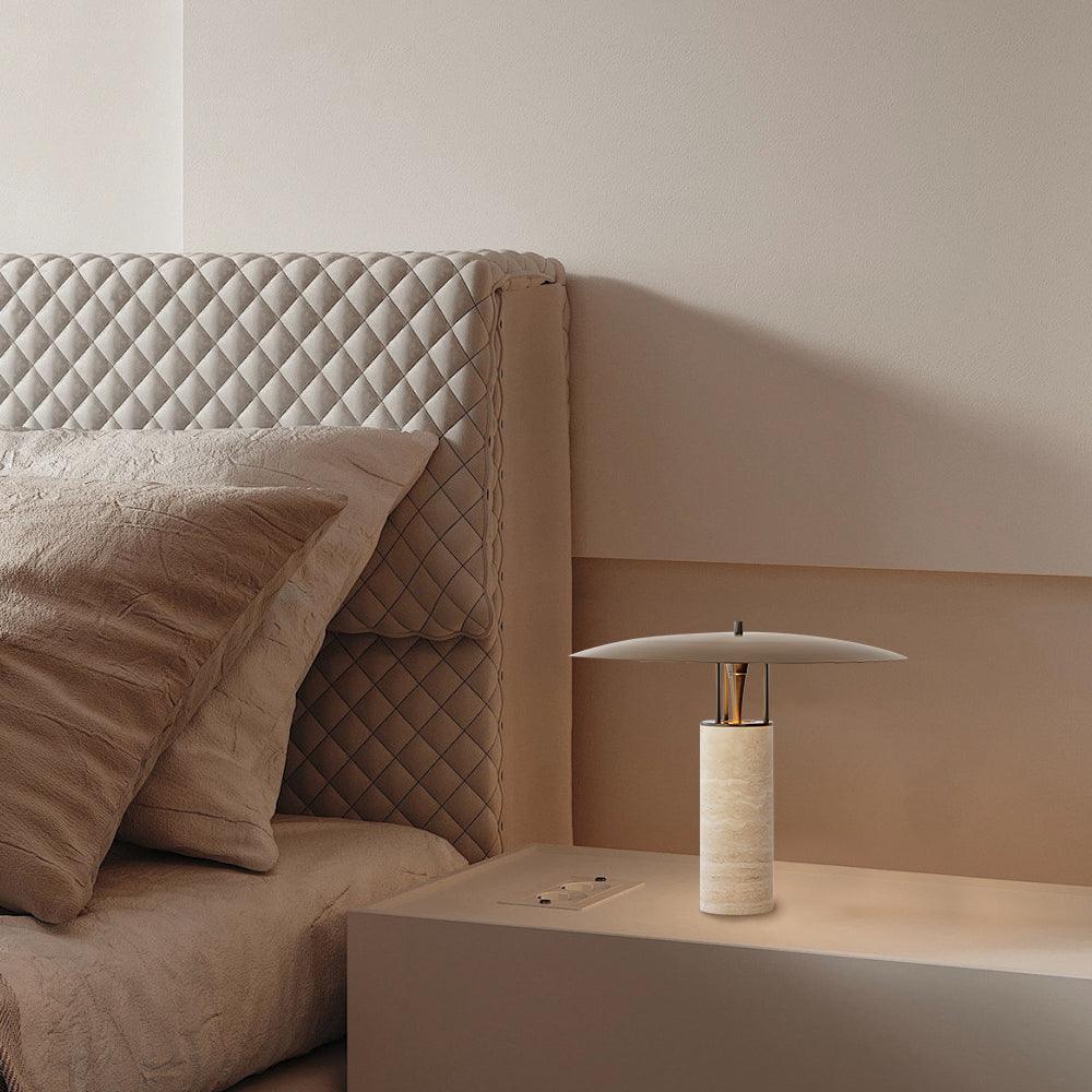 Eara Disc-Pillar Travertine Table Lamp