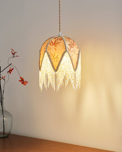 Magnolia Pendant Lamp Tassel Fabric Floral Bamboo Fringe - Neutral Decor