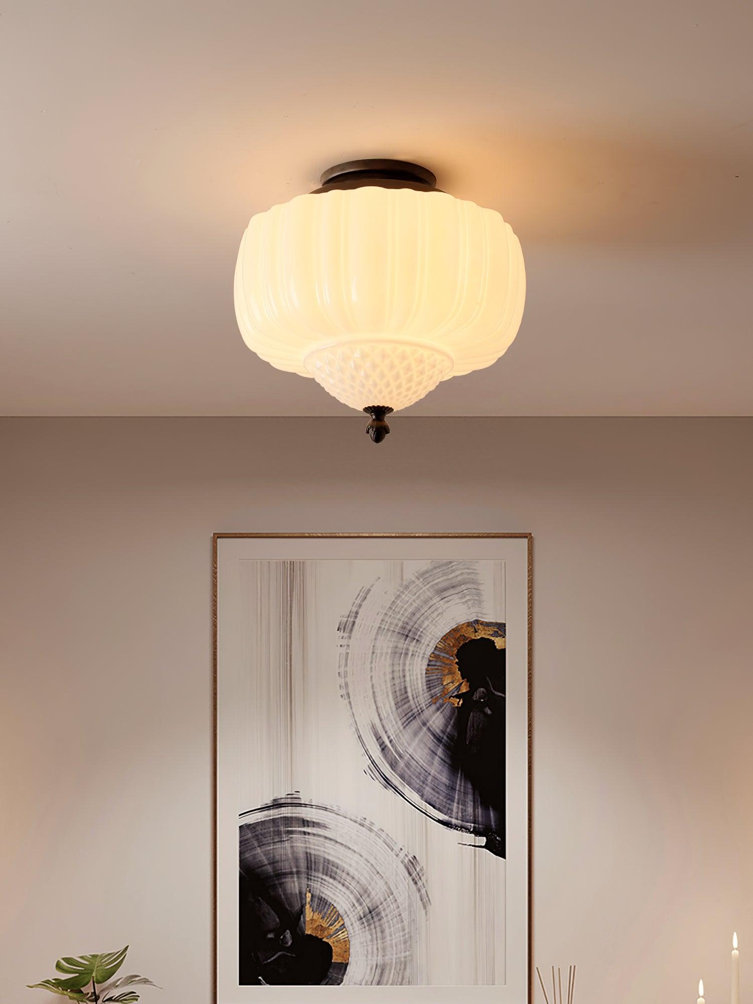 Aveny Ceiling Light Opal Glass Fluted Dome Vintage