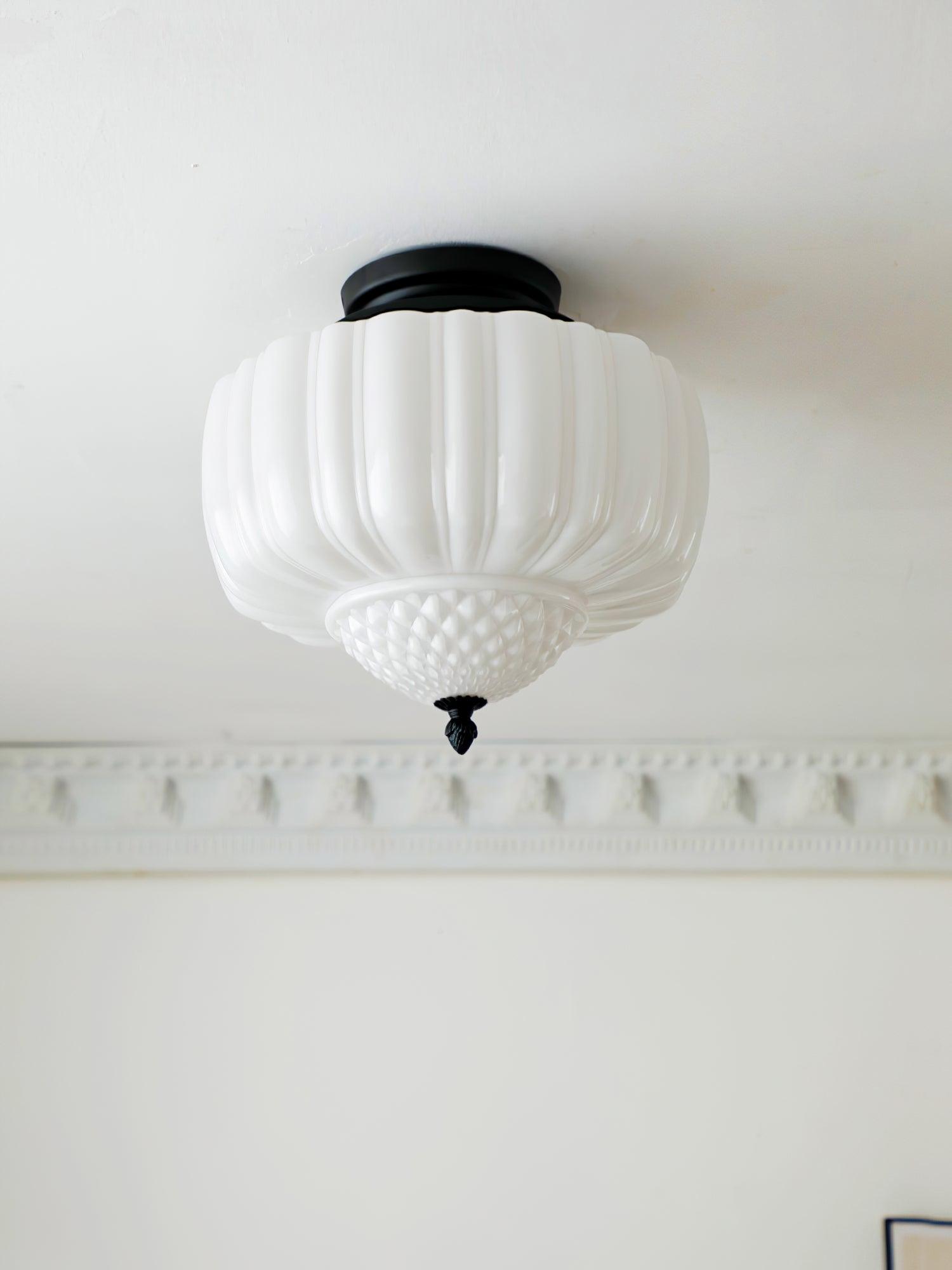 Aveny Ceiling Light Opal Glass Fluted Dome Vintage