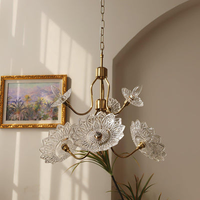 Celareon Chandelier Brass Glass Floral Vintage
