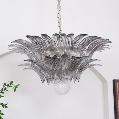 Liororira Chandelier Palmette Clear Murano Glass Leaf Layered