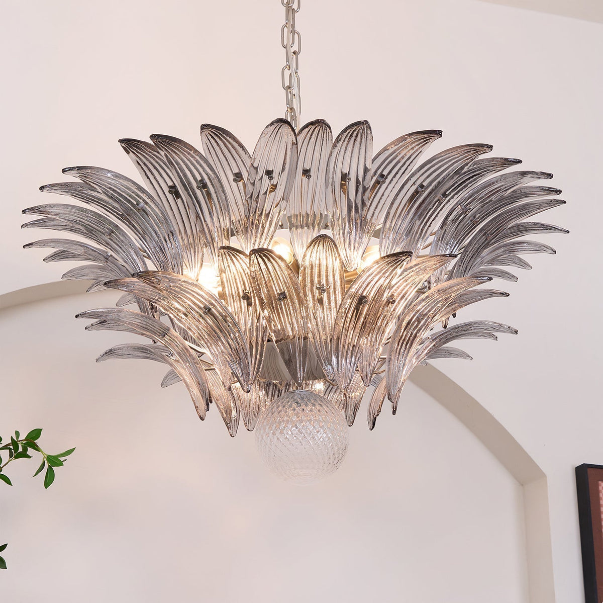 Liororira Chandelier Palmette Clear Murano Glass Leaf Layered