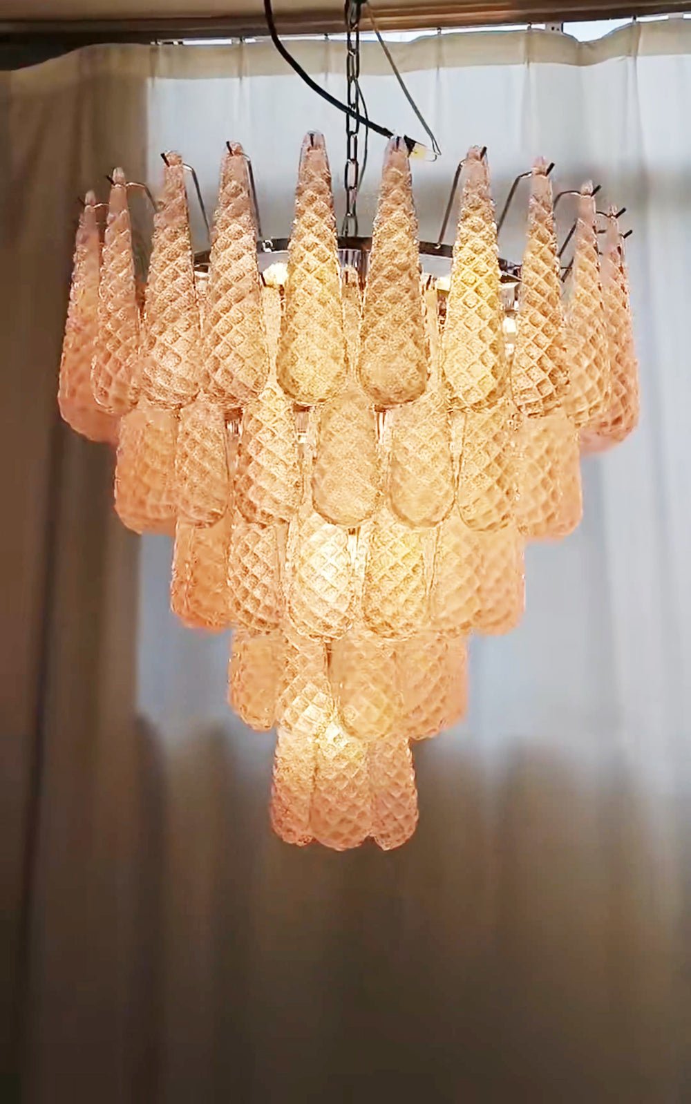 Veliena Chandelier Pink Droplet Murano Glass Diamond Pattern Waterfall