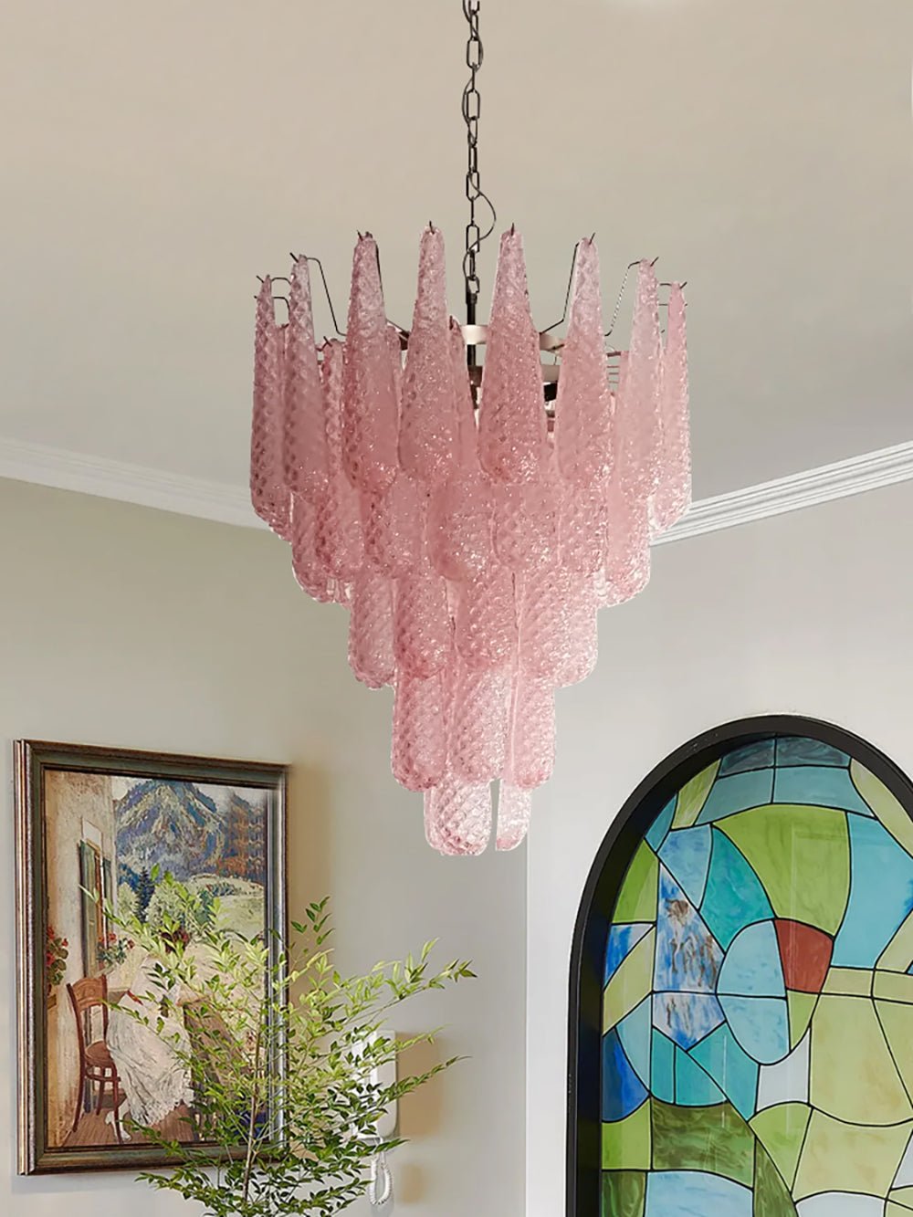 Veliena Chandelier Pink Droplet Murano Glass Diamond Pattern Waterfall