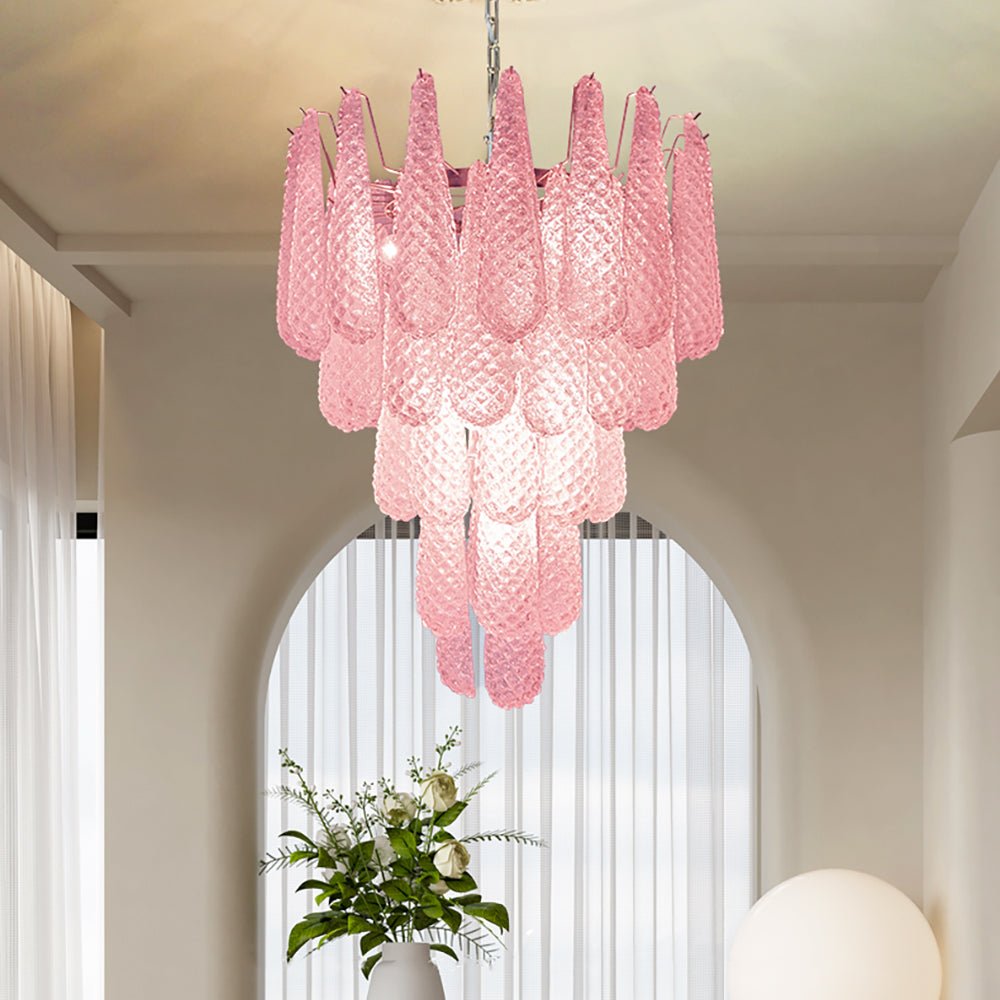Veliena Chandelier Pink Droplet Murano Glass Diamond Pattern Waterfall