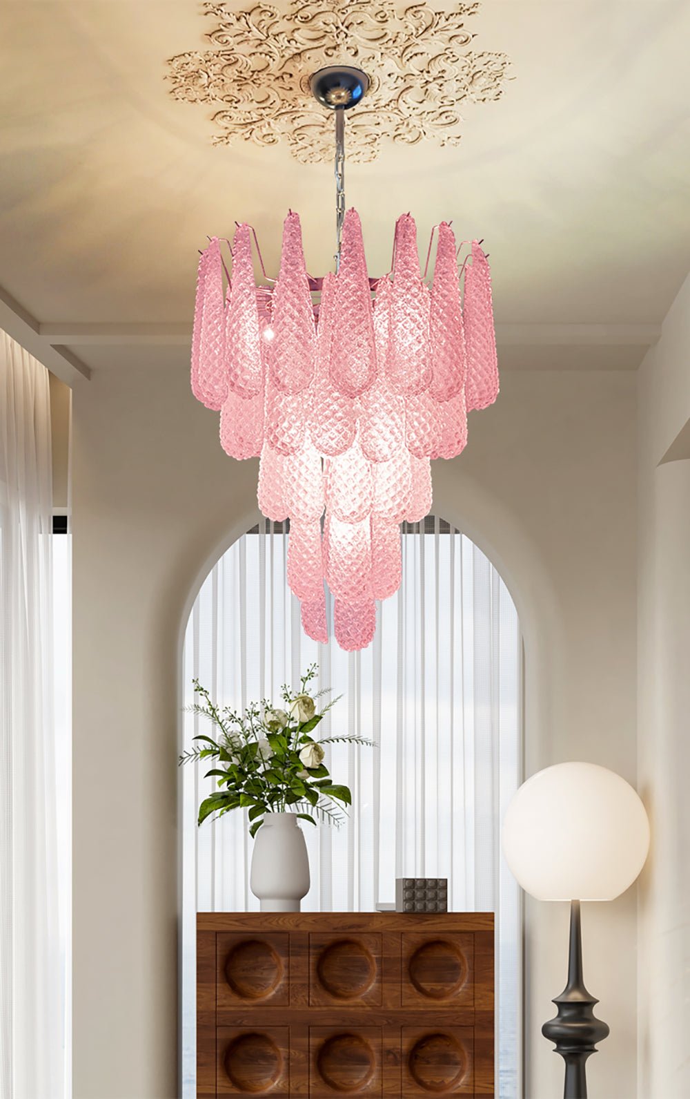 Veliena Chandelier Pink Droplet Murano Glass Diamond Pattern Waterfall