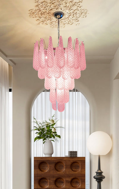 Veliena Chandelier Pink Droplet Murano Glass Diamond Pattern Waterfall