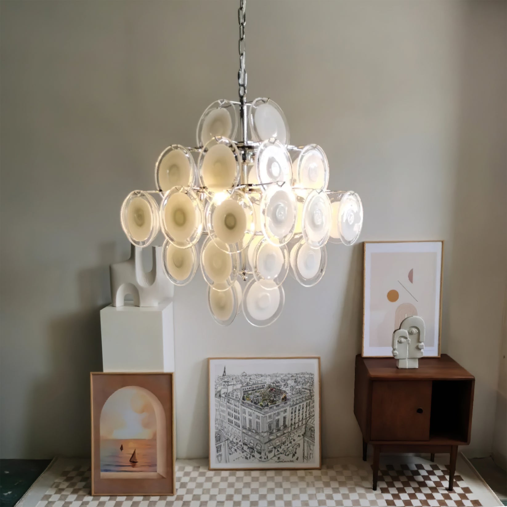 Eireira Chandelier White Murano Glass Discs Cluster