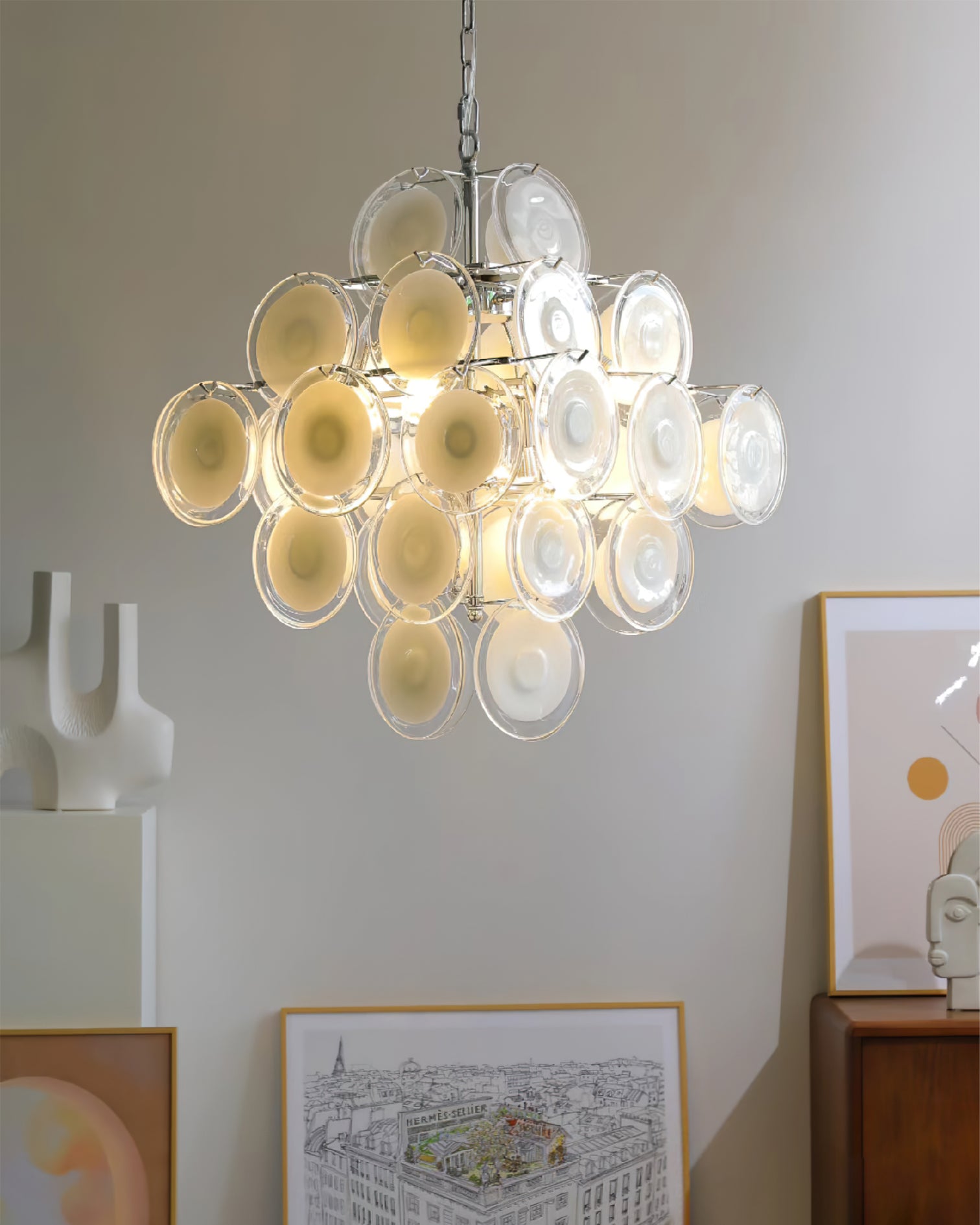 Eireira Chandelier White Murano Glass Discs Cluster