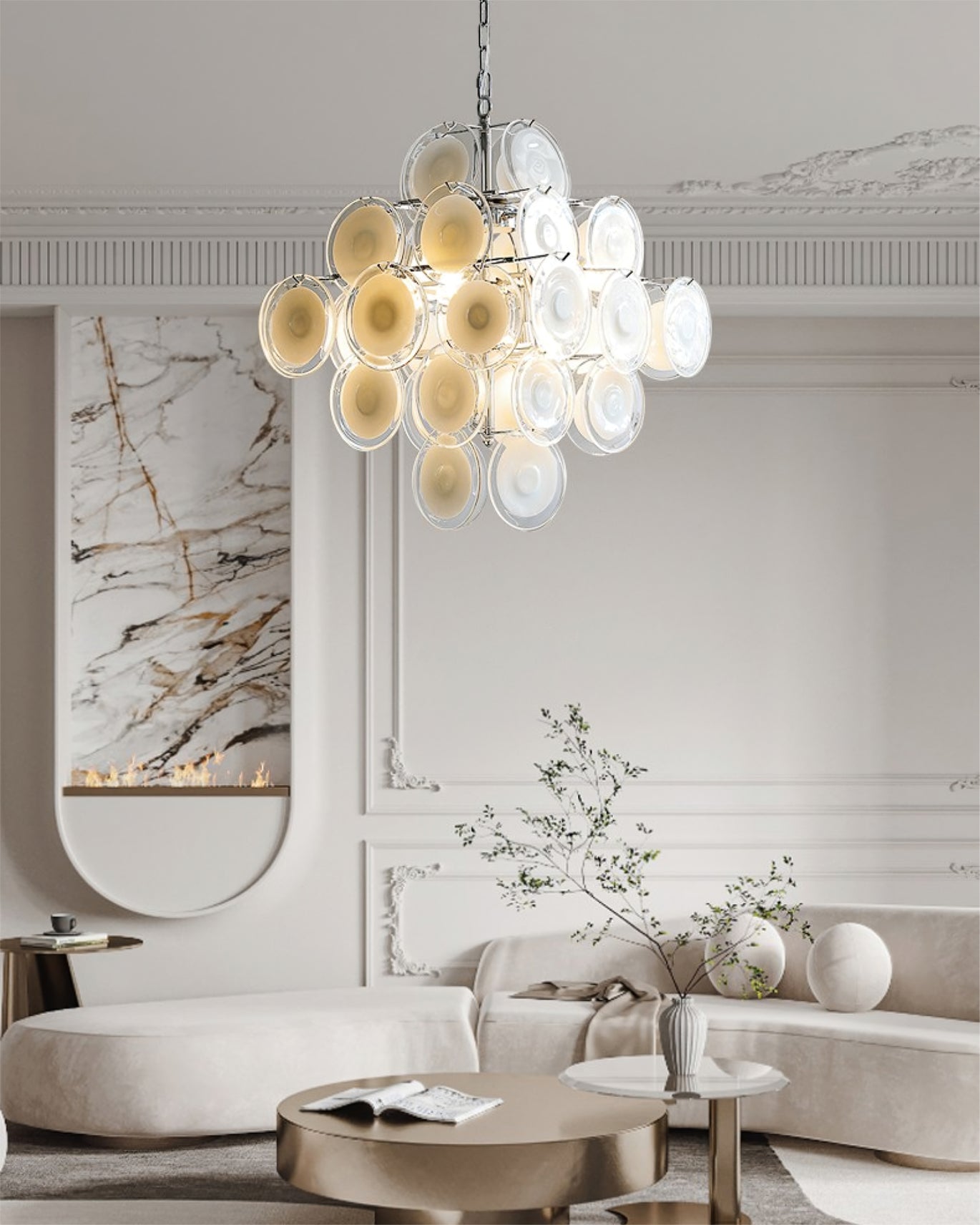 Eireira Chandelier White Murano Glass Discs Cluster