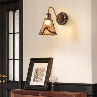 Wall Lamp Amber Glass Shade Walnut Gold Vintage Modern Sconce - Neutral Decor