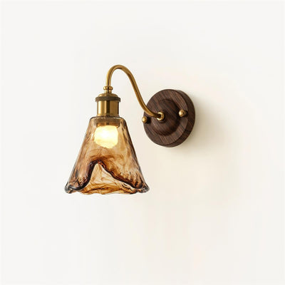 Wall Lamp Amber Glass Shade Walnut Gold Vintage Modern Sconce - Neutral Decor
