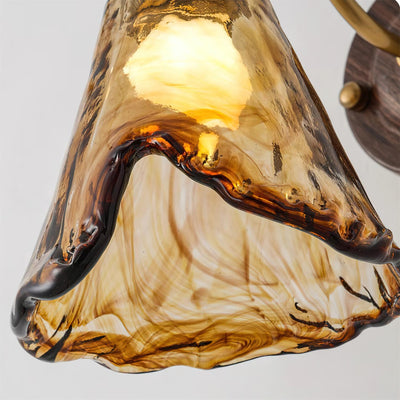 Wall Lamp Amber Glass Shade Walnut Gold Vintage Modern Sconce - Neutral Decor
