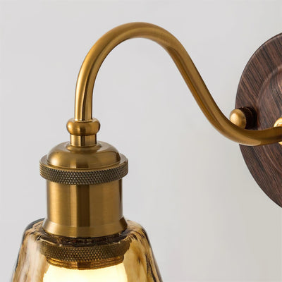Wall Lamp Amber Glass Shade Walnut Gold Vintage Modern Sconce - Neutral Decor