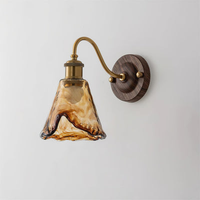Wall Lamp Amber Glass Shade Walnut Gold Vintage Modern Sconce - Neutral Decor