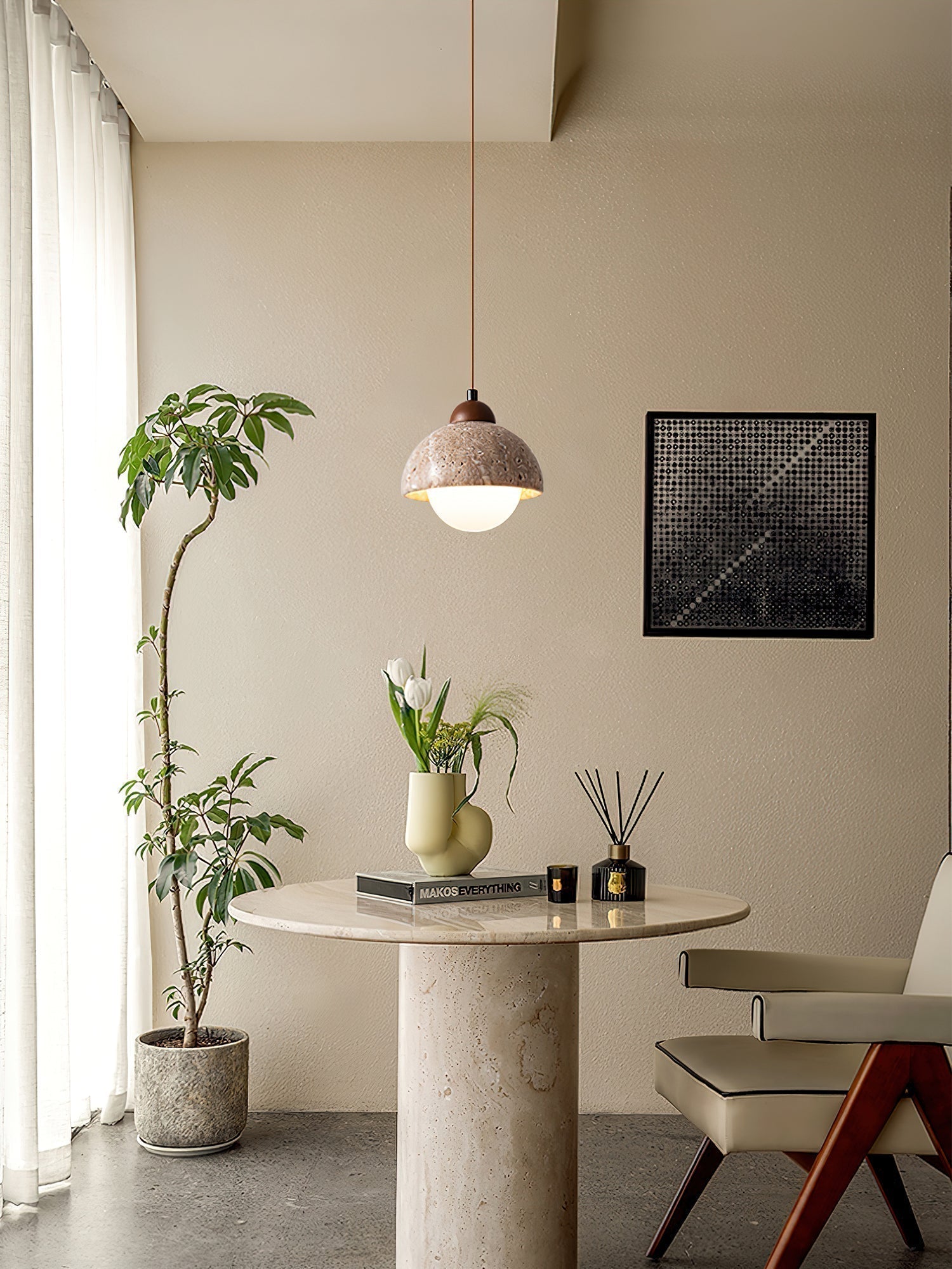 Lunex Dome-Shaped Travertine Pendant Light