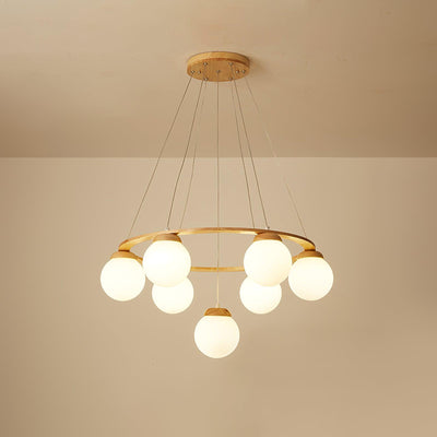 Aelion Chandelier Wood Ring Opal Glass Globes