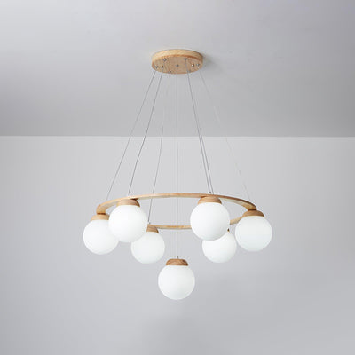 Aelion Chandelier Wood Ring Opal Glass Globes