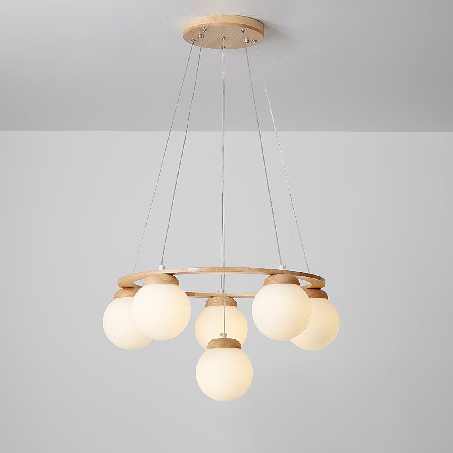 Aelion Chandelier Wood Ring Opal Glass Globes