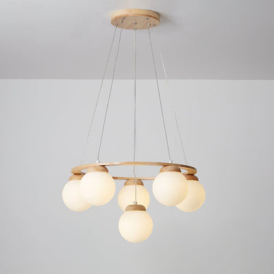 Aelion Chandelier Wood Ring Opal Glass Globes